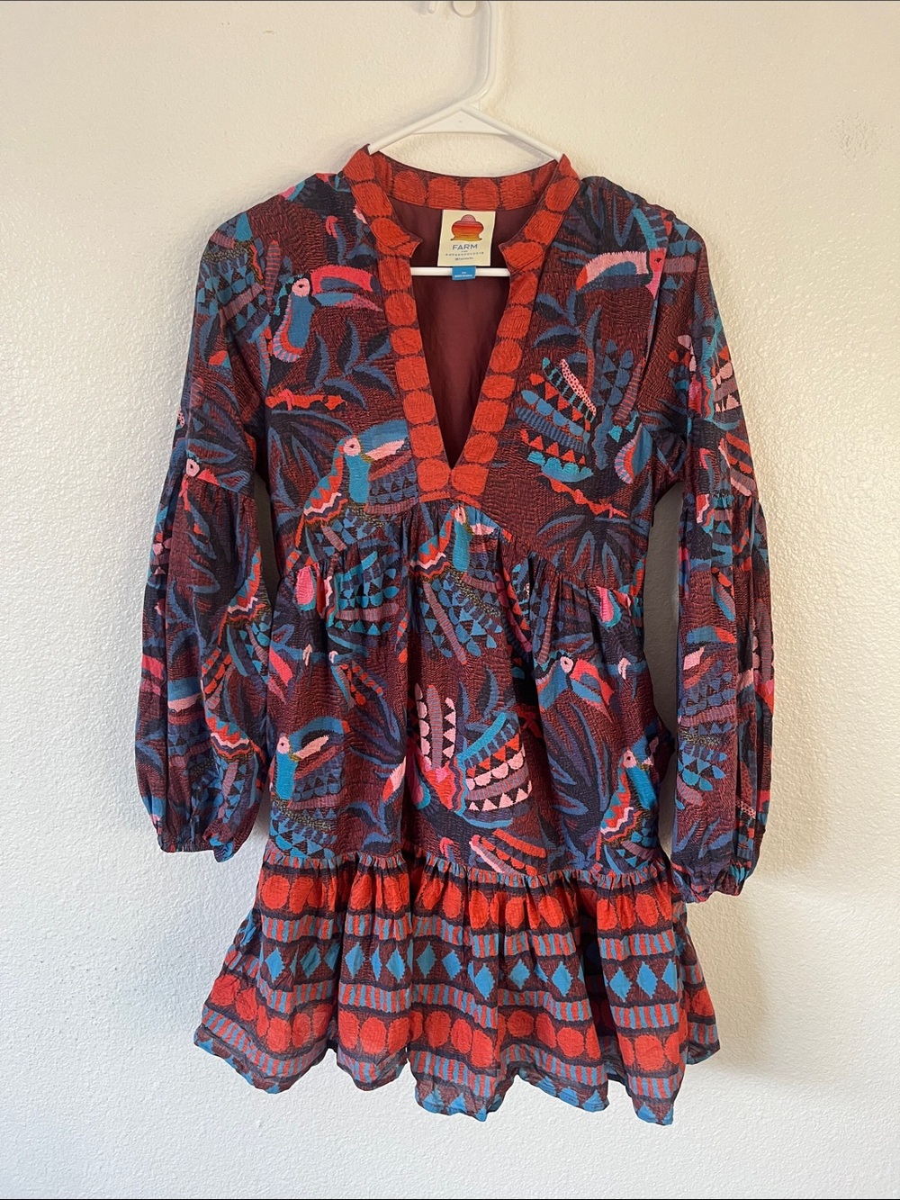FARM Rio x Anthropologie Toucan Printed Mini in Red Blue V-Neck Dress XS - Picture 2 of 5